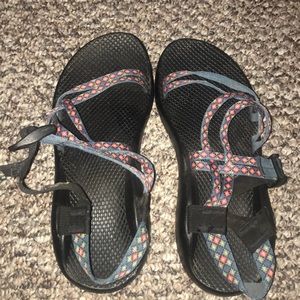 Blue patterned chacos